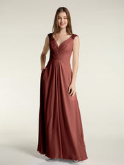 Lace Strap V Neckline Chiffon Bridesmaid Dress Terracotta