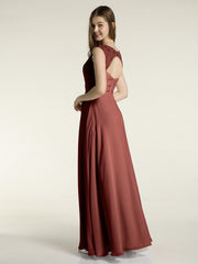 Lace Strap V Neckline Chiffon Bridesmaid Dress Terracotta
