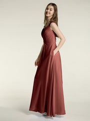 Lace Strap V Neckline Chiffon Bridesmaid Dress Terracotta