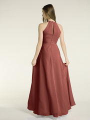 Simple Chiffon Halter Dress for Bridesmaid with Slit Terracotta