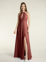 Simple Chiffon Halter Dress for Bridesmaid with Slit Terracotta