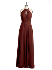 Simple Chiffon Halter Dress for Bridesmaid with Slit Terracotta