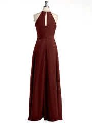 Simple Chiffon Halter Dress for Bridesmaid with Slit Terracotta