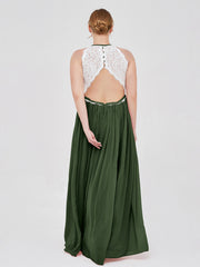 Ivory Lace Bodice Halter Long Dresses Olive Green