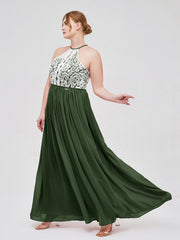 Ivory Lace Bodice Halter Long Dresses Olive Green