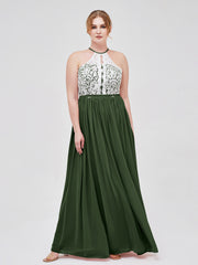 Ivory Lace Bodice Halter Long Dresses Olive Green