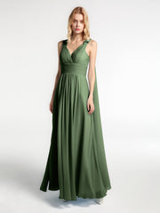 V Neck Chiffon Dress with Streamer at Back Strap Olive Green
