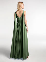 V Neck Chiffon Dress with Streamer at Back Strap Olive Green