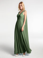 V Neck Chiffon Dress with Streamer at Back Strap Olive Green