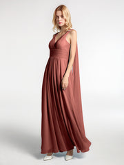 V Neck Chiffon Dress with Streamer at Back Strap Terracotta