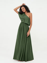 A-line One Shoulder Chiffon Max Dresses Olive Green