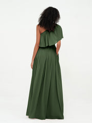 A-line One Shoulder Chiffon Max Dresses Olive Green