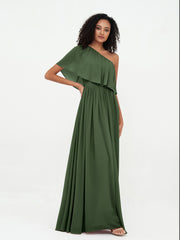 A-line One Shoulder Chiffon Max Dresses Olive Green