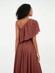 A-line One Shoulder Chiffon Max Dresses Terracotta