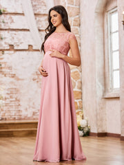 Charming Illusion Neck Lace Top Empire Maxi Maternity Dresses Dusty Rose