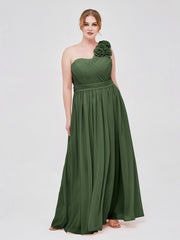 Long Chiffon Dresses with FLOWERS Olive Green
