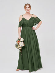 Lace and Chiffon Full Length Dresses Olive Green