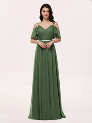 Lace and Chiffon Full Length Dresses Olive Green