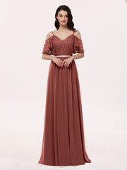 Lace and Chiffon Full Length Dresses Terracotta