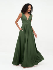 Open Back Chiffon Dresses with Deep V-neck Olive Green