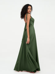 Open Back Chiffon Dresses with Deep V-neck Olive Green