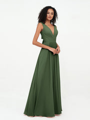 Open Back Chiffon Dresses with Deep V-neck Olive Green