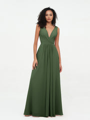 Open Back Chiffon Dresses with Deep V-neck Olive Green