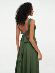 Open Back Chiffon Dresses with Deep V-neck Olive Green
