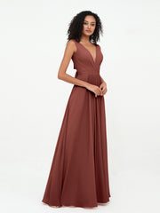 Open Back Chiffon Dresses with Deep V-neck Terracotta