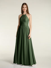 Chiffon Long Bridesmaid Gown with Halter Neck Olive Green
