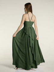 Chiffon Long Bridesmaid Gown with Halter Neck Olive Green