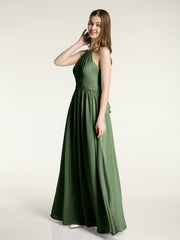 Chiffon Long Bridesmaid Gown with Halter Neck Olive Green