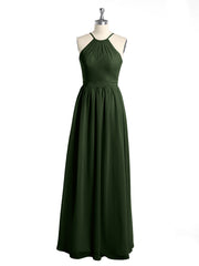 Chiffon Long Bridesmaid Gown with Halter Neck Olive Green