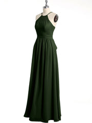 Chiffon Long Bridesmaid Gown with Halter Neck Olive Green
