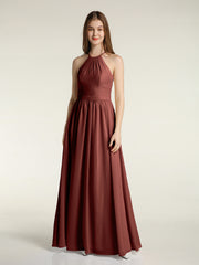 Chiffon Long Bridesmaid Gown with Halter Neck Terracotta