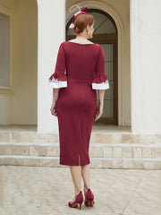 Sheath Scoop Neckline Applique Pleated Dress Burgundy