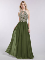 Gold Lace Appliqued Long Chiffon Dresses Olive Green