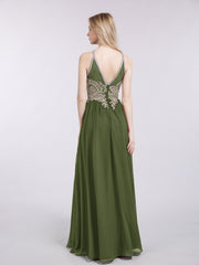 Gold Lace Appliqued Long Chiffon Dresses Olive Green