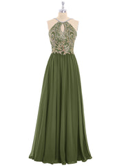 Gold Lace Appliqued Long Chiffon Dresses Olive Green