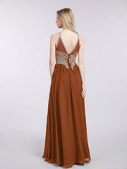 Gold Lace Appliqued Long Chiffon Dresses Terracotta