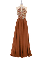 Gold Lace Appliqued Long Chiffon Dresses Terracotta