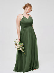 Twist Straps V Neckline Tulle Maxi Dress Olive Green