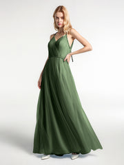 Twist Straps V Neckline Tulle Maxi Dress Olive Green
