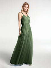 Twist Straps V Neckline Tulle Maxi Dress Olive Green