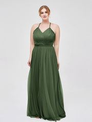 Twist Straps V Neckline Tulle Maxi Dress Olive Green