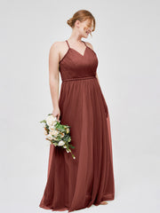 Twist Straps V Neckline Tulle Maxi Dress Terracotta