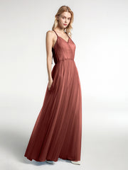 Twist Straps V Neckline Tulle Maxi Dress Terracotta