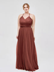 Twist Straps V Neckline Tulle Maxi Dress Terracotta