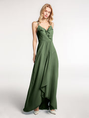 Chiffon Spaghetti Strap Ruffles High Low Dress Olive Green