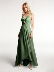 Chiffon Spaghetti Strap Ruffles High Low Dress Olive Green